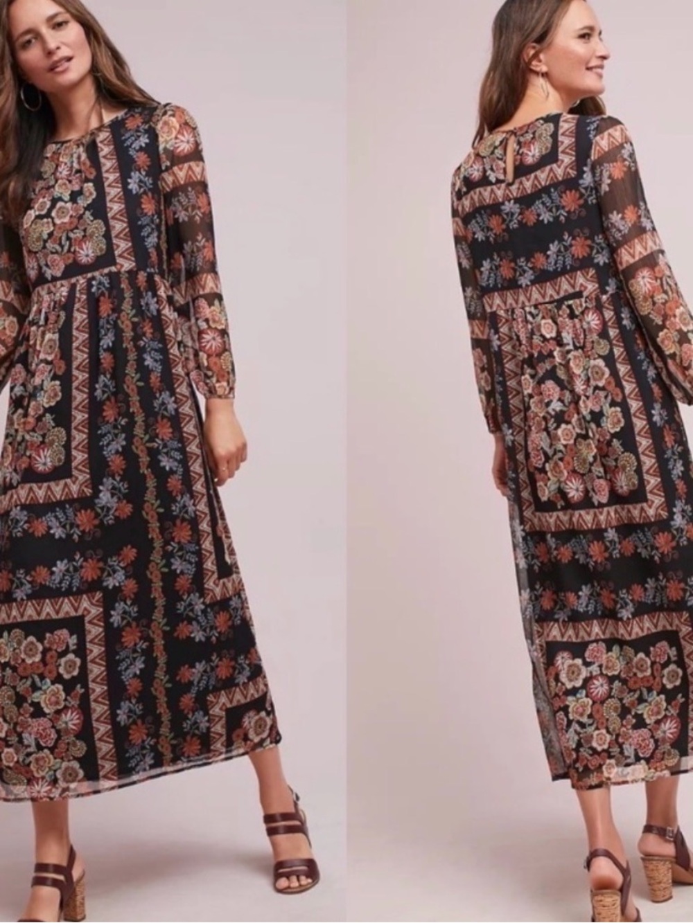 Anthropologie Black Floral Patchwork Maxi Dress